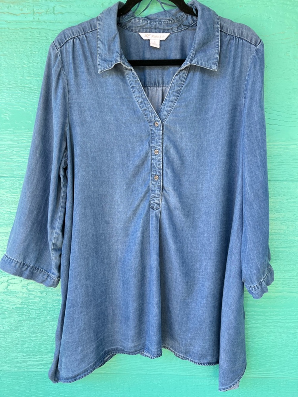 Khakis & Company Lyocell Chambray Shirt Dress L Blue Popover Roll Tab Sleeves